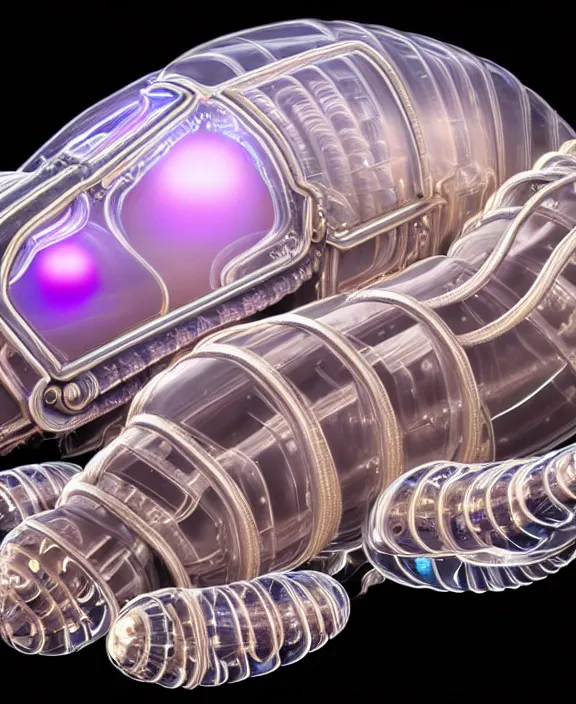 Image similar to intricate opulent transparent clear see - through portrait of handsome masculine isopod, fractal, neon lights, circuitry, dense machinery environment, ultra realistic, concept art, pop art, photorealistic, octane render, 8 k, unreal engine. art by nori inoguchi and sam kaplan and zachary goulko and christopher marley and artgerm and alphonse mucha