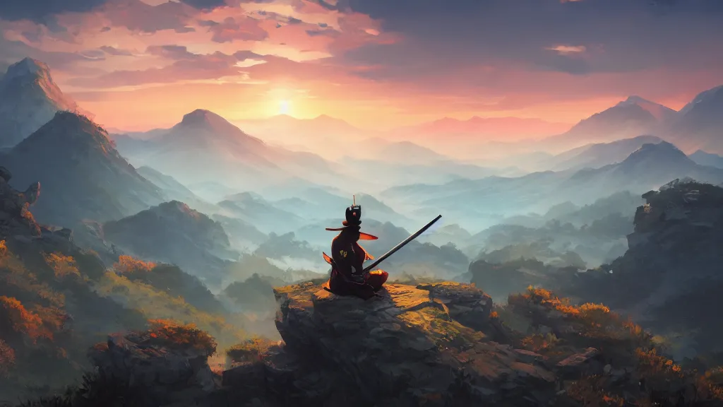 Image similar to samurai resting on a mountain top, cool dawn sky, by sylvain sarrailh, rossdraws, ambient light, ultra detailed, fantasy artwork, 8 k, volumetric lighting, trending on artstation, award winning, very beautiful.