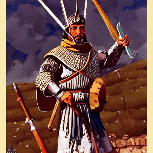 Image similar to a medieval Turkish infantry warrior. HD character design reference, by Angus McBride, gouache.