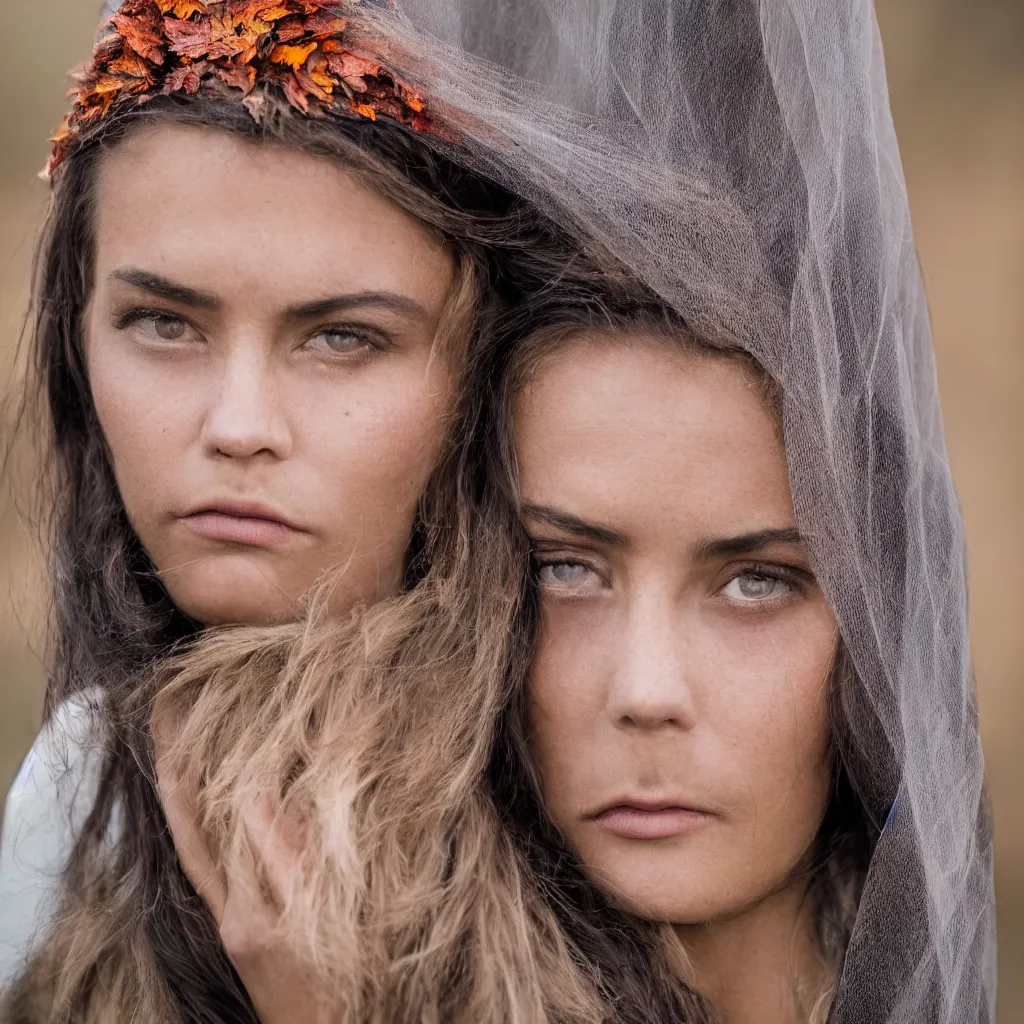 Prompt: highly detailed portrait fashion photography of a sad face gazing at the camera, wearing a velvet widow veil, in autumn, 135mm f5 at the Giza Pyramid