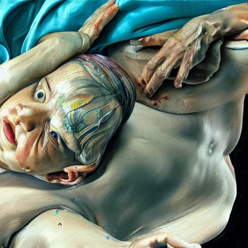 Image similar to high quality high detail painting by lucian freud and jenny saville, hd, happy, cute, pretty, turquoise