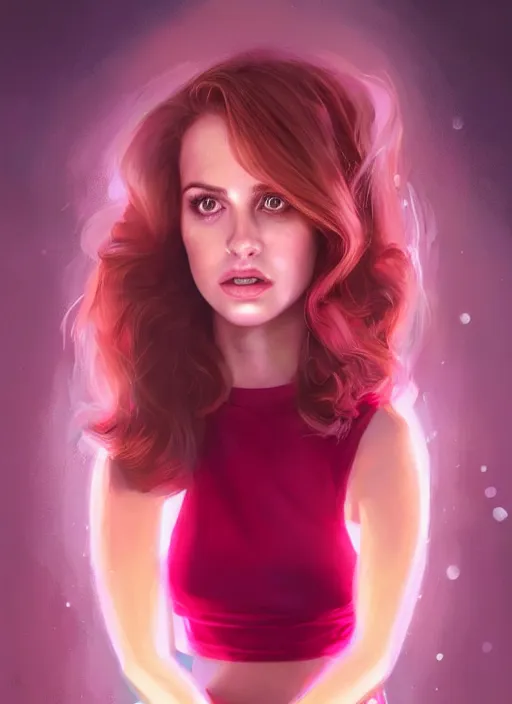 Image similar to full body portrait of teenage cheryl blossom, bangs, green eyes, sultry expression, red hair, sultry smirk, bangs and wavy hair, pink skirt, intricate, elegant, glowing lights, highly detailed, digital painting, artstation, concept art, smooth, sharp focus, illustration, art by wlop, mars ravelo and greg rutkowski