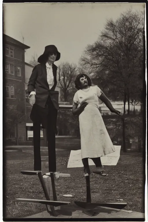 Image similar to a seesaw with a businesswoman on the left and cash on the right, photographed by Diane Arbus