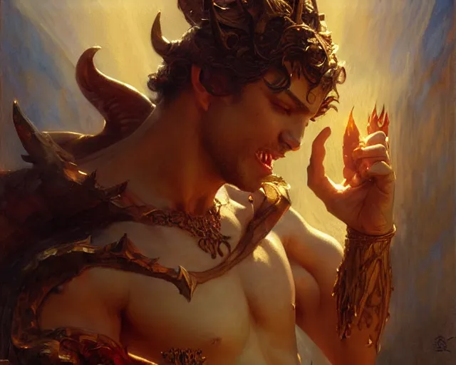 Image similar to attractive male deity, casting demonic magic, summoning handsome lucifer morning star. highly detailed painting by gaston bussiere, craig mullins, j. c. leyendecker 8 k