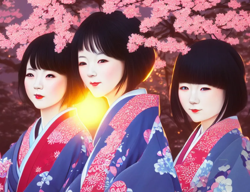 Image similar to two beautiful charming japan girls wear arty kimono in festival | | sunny night, full moon, dreamlike art, realistic shaded, smile, good looking, hyper details, 4 k realistic, cryengine, realistic shaded lighting poster by ilya kuvshinov, fuji choko, ross tran, 8 k resolution, trending on artstation, luxury