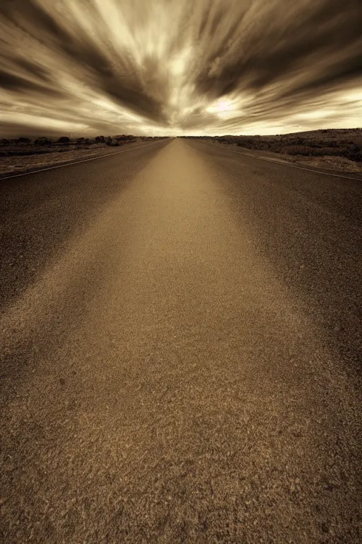 Image similar to photo of a road with no end, sepia dust filling background, photorealistic, tonemapped