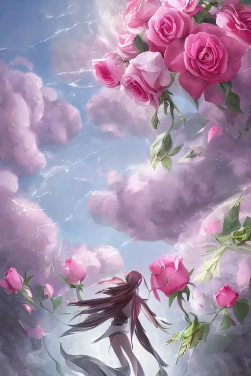 Prompt: background concept art magic invisible blades slicing through a bouquet of white and pink roses, flowers exploding and spraying, big puffy clouds, large rose petals, lotus petals, large polygonal background elements, large polygons, dramatic anime, dramatic lighting, artgerm, manga, trending on artstation, marco bucci, mature colors