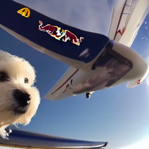 Image similar to a cream-colored havanese dog flying a racing plane sponsored by Red Bull, gopro photo, 4k