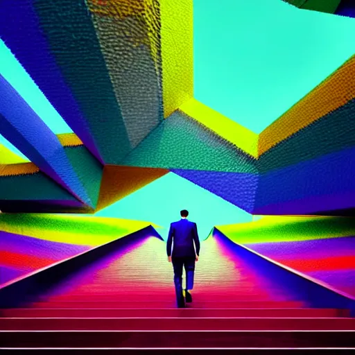 Image similar to photo - realistic, painting of a man walking alone in the boulevard of psychedelic dreams, trippy stairs in the background, hyper detail, sharp, in the style of beeple, mobeius, rule of thirds, unreal engine