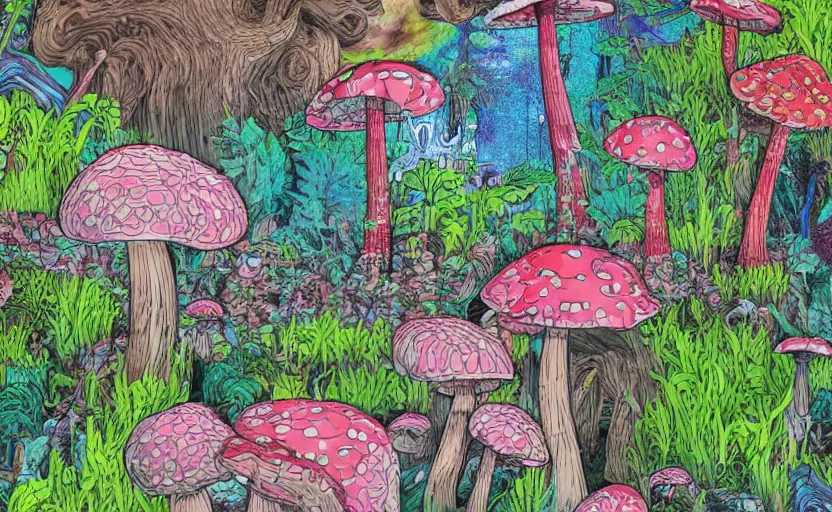 Prompt: hyperdetailed mushroom wood, seen from the distance at night. along a maximalist river made of paper and unexpected interesting fabric elements. 8 x 1 6 k hd mixed media 3 d collage in the style of a childrenbook illustration in pastel neon tones. shiny matte background no frame hd