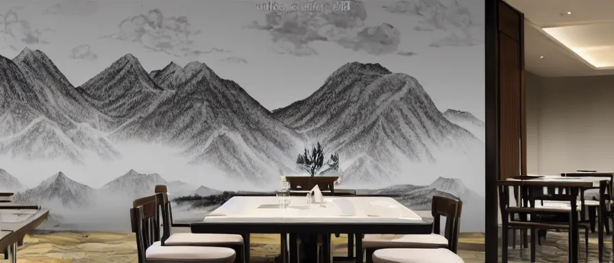 Image similar to a beautiful simple interior 4 k hd wallpaper illustration of small roasted string hotpot restaurant restaurant pagoda hill, wall corner, from china, wallpaper with mountains and white tile floor, rectangle white porcelain table, black chair, fine simple delicate structure, chinese style, simple style structure decoration design, victo ngai, 4 k hd