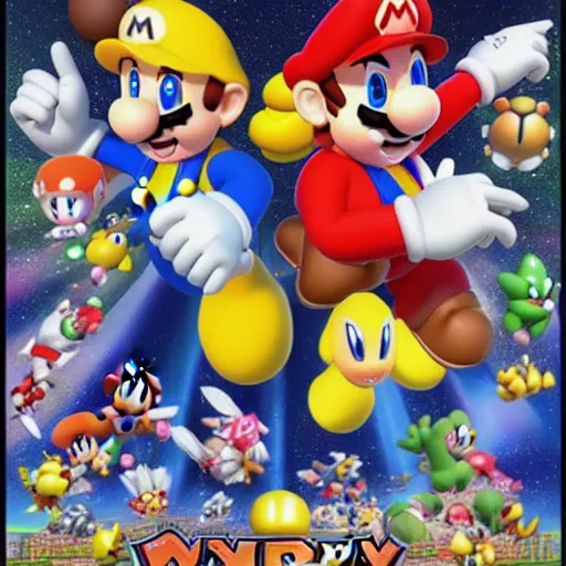 Image similar to super mario brothers and kirby super star ultra movie poster with pokemon super smash bros and princess peach star wars theme pokemon style detailed and accurate eyes