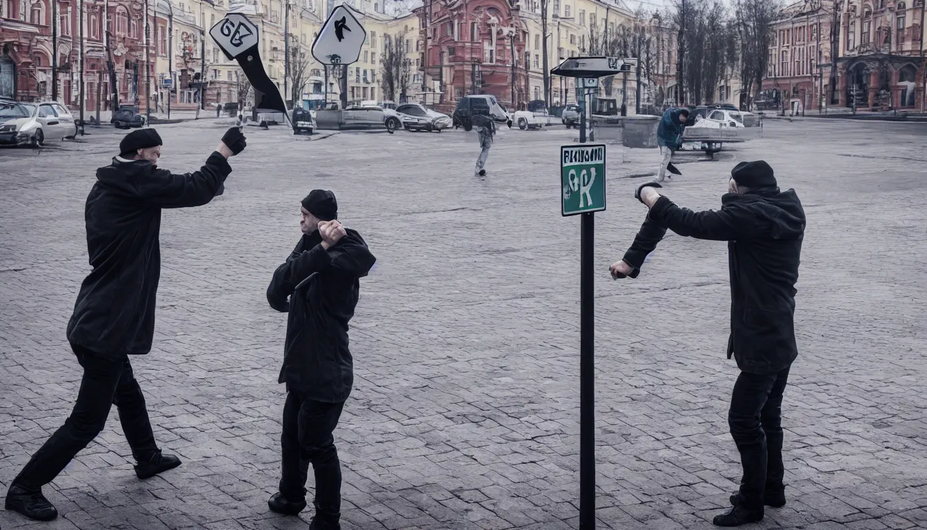 Image similar to picture of russian man punching a street sign, very detailed, 8 k