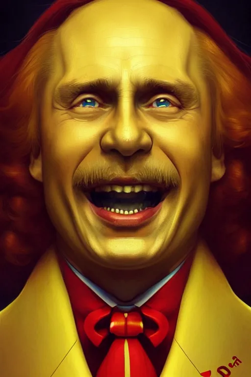 Image similar to vladimir putin as ronald mcdonald, 2 d portrait, symmetrical, highly detailed, digital painting, artstation, concept art, smooth, sharp focus, illustration, cinematic lighting, art by artgerm and greg rutkowski and alphonse mucha