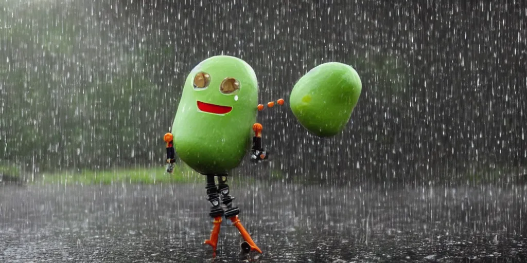 Prompt: a happy robot juggling avocados in the rain