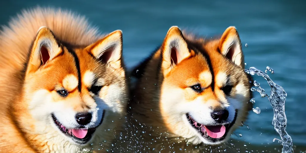 Image similar to Close up portrait of a big fluffy cat mixed with a shiba inu, award winning photograph, 50 mm lens and f/12.0, fast shutter speed of water floating in the air