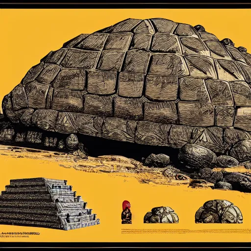 Image similar to gigantic colossal tortoise in the desert below pyramid ziggurat highly detailed concept art schematic, Laurie Greasley