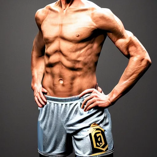 Image similar to a realistic detailed photo of a guy who is an attractive humanoid who is half robot and half humanoid, who is a male android, soccer player martin ødegaard, shiny skin, posing like a statue, blank stare, in a living room, on display, showing off his muscles, gold soccer shorts, side view