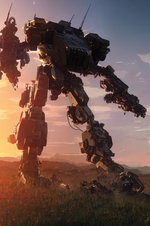 Image similar to A real photo of a Huge Mechwarrior and the sunset in the distance, by Josan Gonzalez, Yoji Shinkawa and Geof Darrow, highly detailed, Unreal Engine Render, 3D, 8k wallpaper