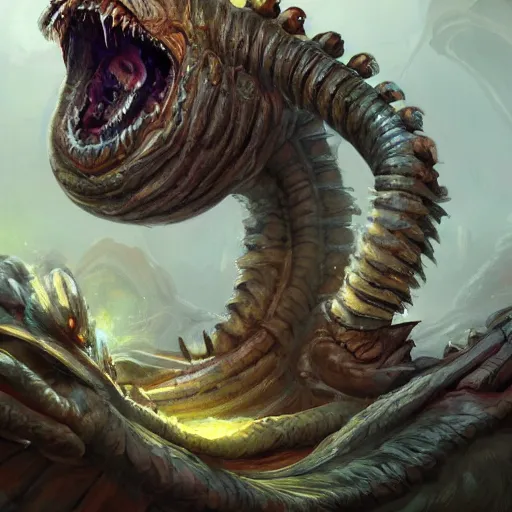 Image similar to a giant worm beast, worm monster, worm mouth, worm round mouth, monster teeth mouth, rock and dust, worm brown theme, bright art masterpiece artstation. 8 k, sharp high quality artwork in style of jose daniel cabrera pena and greg rutkowski, concept art by tooth wu, blizzard warcraft artwork, hearthstone card game artwork, drilling worm monster