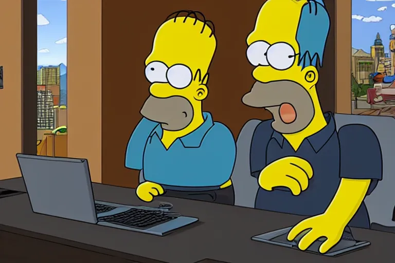 Image similar to Homer Simpson sits at the office table and monitors the fall of Bitcoin and is angry, 3d, CryEngine, 8k, hyperrealism