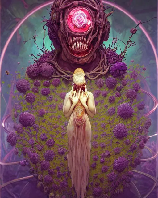 Prompt: the platonic ideal of flowers, rotting, insects and praying of cletus kasady carnage thanos dementor wild hunt doctor manhattan chtulu mandelbulb mandala ponyo spirited away bioshock davinci, d & d, fantasy, ego death, decay, dmt, mdma, art by artgerm and greg rutkowski and alphonse mucha