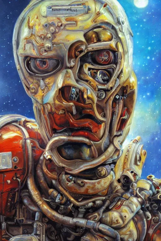 Image similar to oil painting, close-up, hight detailed, melting cyborg at red planet, in style of 80s sci-fi art