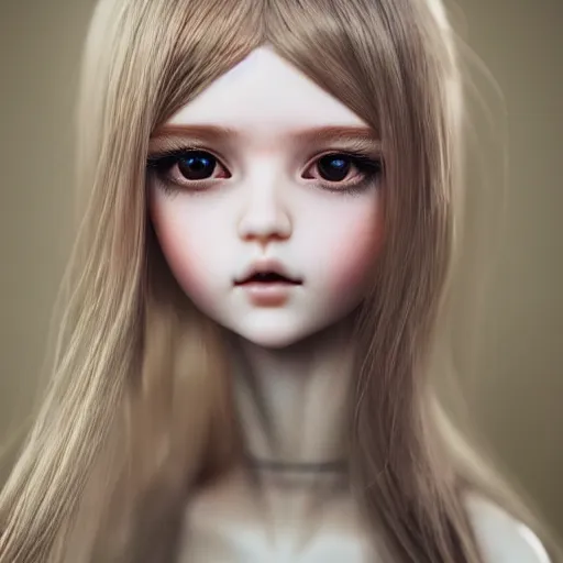 Image similar to Beautiful bjd doll girl head, long shiny hair, intricate detailed, cracked lines repaired with kintsugi, symmetrical face, sharp focus, octane render, high quality, 8k, volumetric lighting, on black background, trending on pinterest