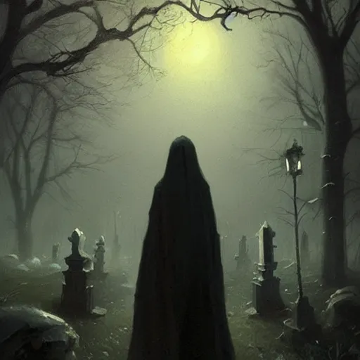 Prompt: a hauntingly beautiful painting by greg rutkowski and thomas kinkade of a dark figure in a graveyard at night, trending on artstation.