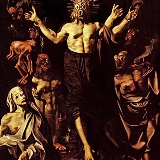 Image similar to george clooney as an evil god of darkness, made by caravaggio, peter paul rubens, diego velazquez, rossdraws, jan van eyck, max ernst, ernst haeckel, ernst fuchs