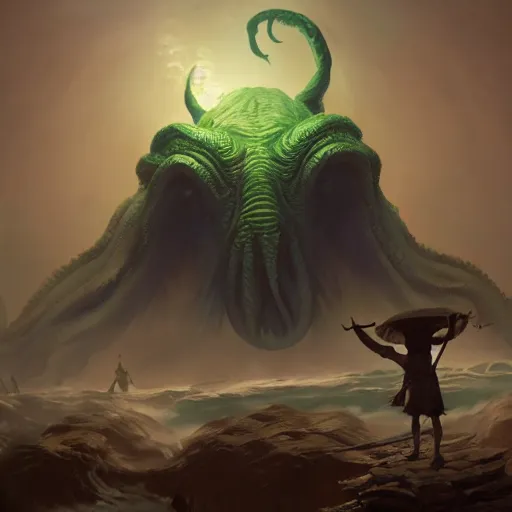 Image similar to gigantic cthulhu, small village for size comparison, dramatic light, painted by stanley lau, painted by greg rutkowski, painted by stanley artgerm, digital art, trending on artstation