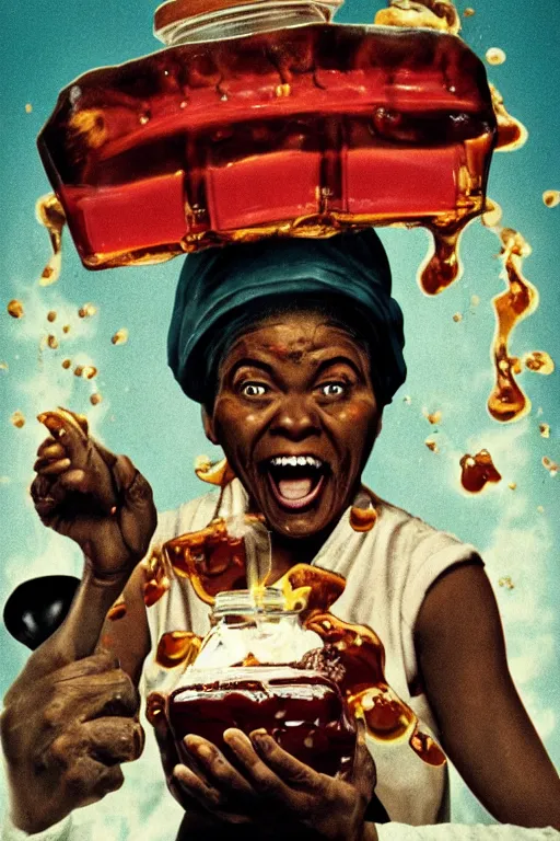 Image similar to aunt jemima covered in maple syrup horror movie cinematic