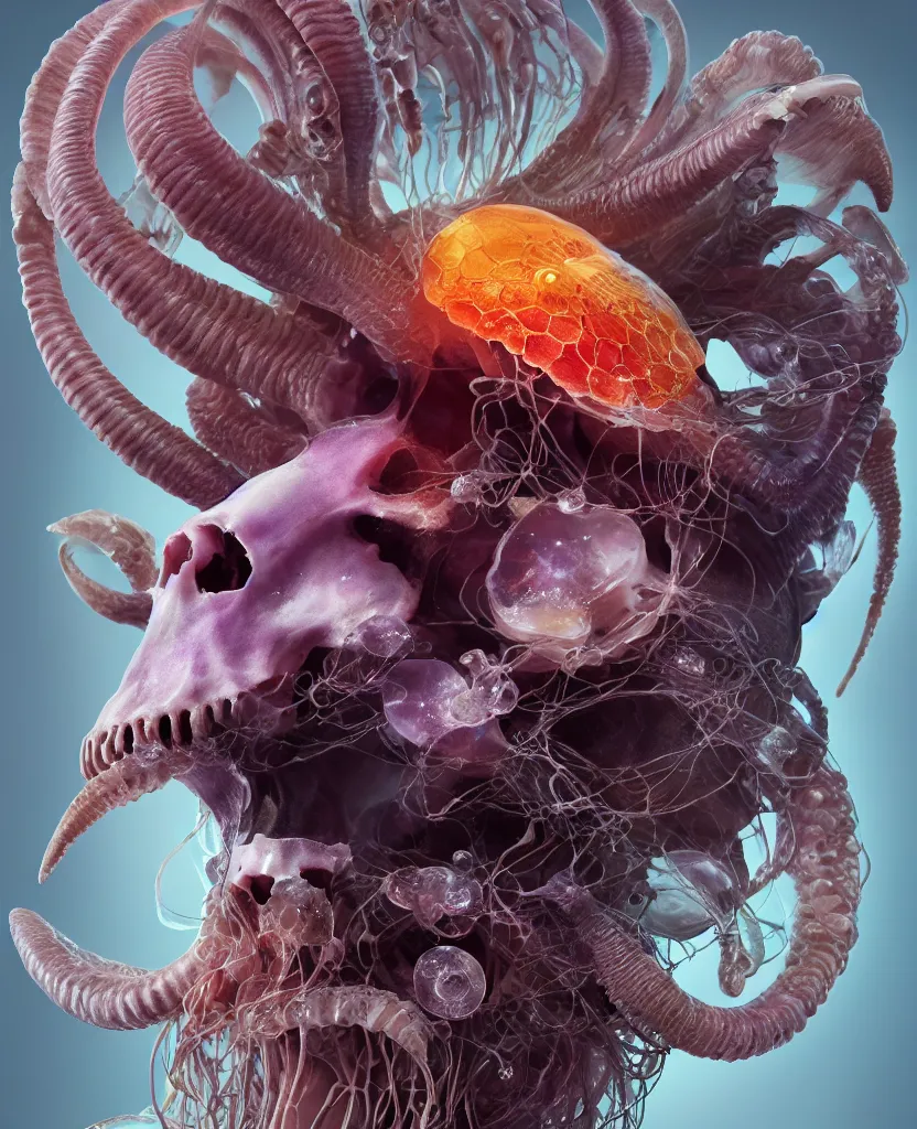 Image similar to goddess close-up portrait goat skull. jellyfish phoenix head, nautilus, orchid, skull, betta fish, bioluminiscent creatures, intricate artwork by Tooth Wu and wlop and beeple. octane render, trending on artstation, greg rutkowski very coherent symmetrical artwork. cinematic, hyper realism, high detail, octane render, 8k