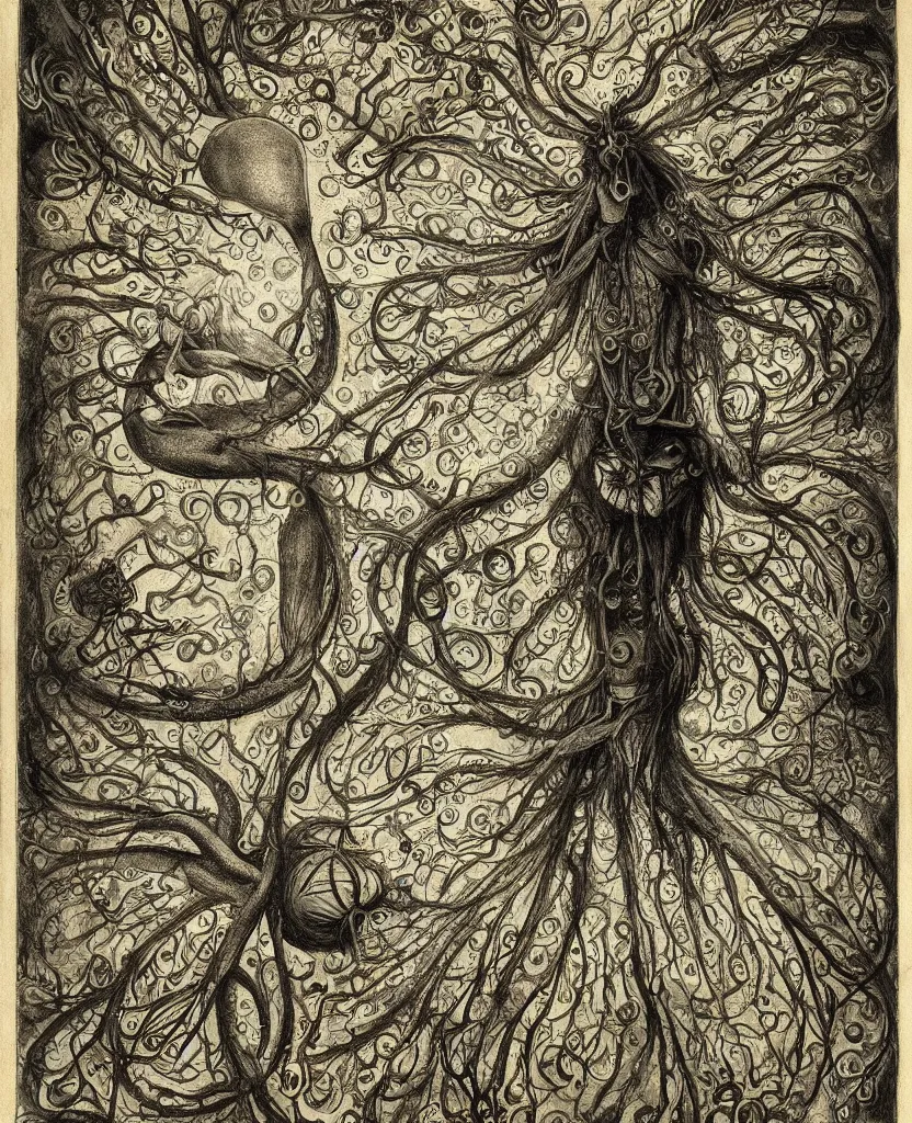 Image similar to whimsical freaky creature sings a unique canto about'as above so below'being ignited by the spirit of haeckel and robert fludd, breakthrough is iminent, glory be to the magic within, painted by ronny khalil