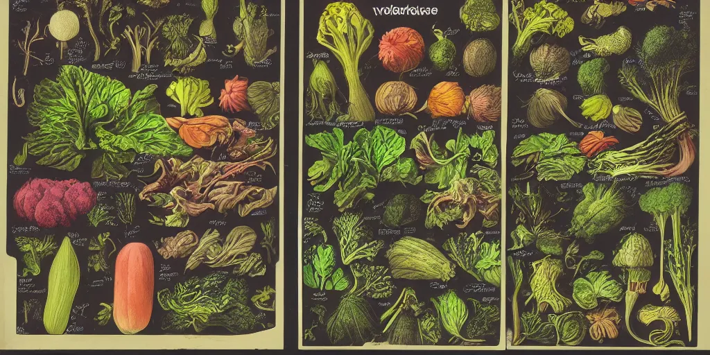 Prompt: full color page scan catalogue of various vintage fantasy vegetables illustrations on black background, in matte painting, 2 d, kitbash, 4 k