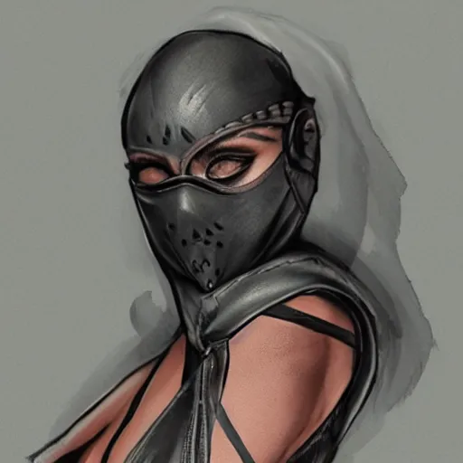 Image similar to Hot young woman, grey skin, tattoos, wearing leather and cuddling a humanoid in shroud and mask concept art