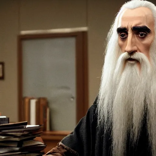 Prompt: saruman in the dunder mifflin office, realistic photograph