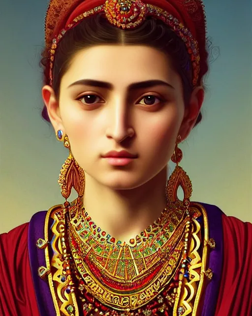 Prompt: photo of a gorgeous young yezidi woman wearing elaborate baroque jewelry and face tattoos in the style of stefan kostic, realistic, sharp focus, symmetric, 8k high definition, insanely detailed, intricate, elegant, art by stanley lau and artgerm, William-Adolphe Bouguereau