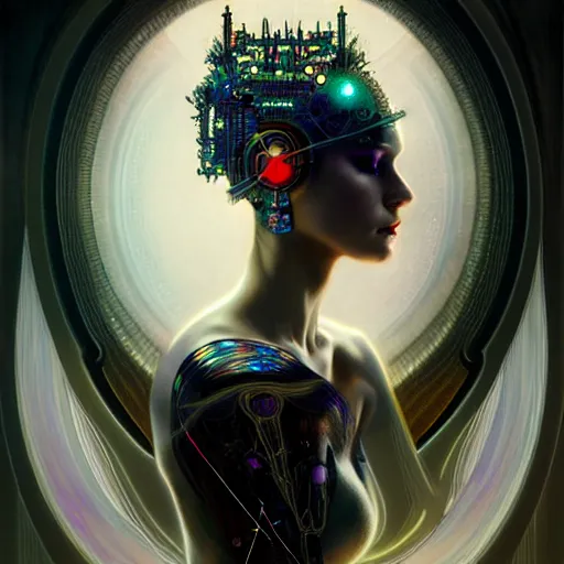 Image similar to extremely psychedelic beautiful cyborg queen of lsd infected by night. intricate, elegant, highly detailed, extremely lifelike photorealistic digital painting, artstation. steichen, gaston bussiere, tom bagshaw, cyberpunk alphonse mucha. elegant minimalism. anatomically correct. sultry. sharp focus. black, white. surreal lush hallucination