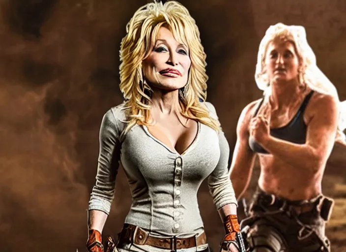 Image similar to film still of!!!! dolly parton!!! as lara croft in new tomb raider movie, 8 k