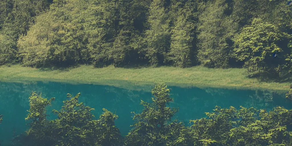 Prompt: photo small Lake with black dark water in center reality surrounded by grass