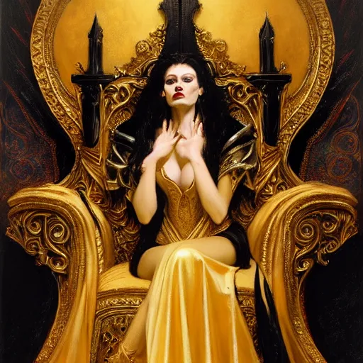 Image similar to perfectly centered portrait of attractive vampire queen in gold gothic robe sitting on a throne of black bones, painting by gaston bussiere, craig mullins, j. c. leyendecker, 8 k, mid shot