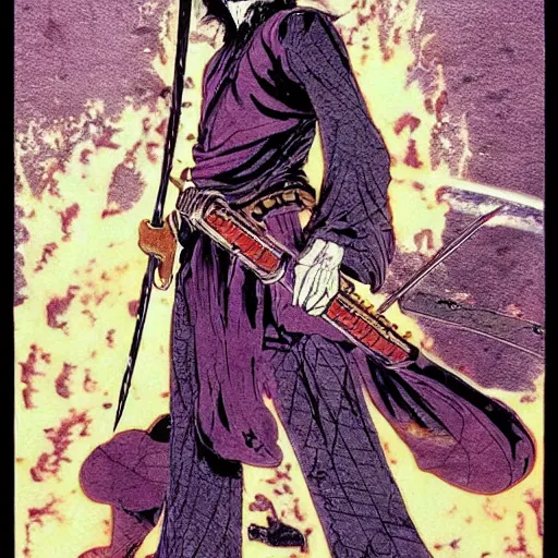 Image similar to Frank Zappa golden Vagabond magic swordsman!!!! glides through a beautiful battlefield. Full body portrait!!! Graphic Novel Panel!!! magic the gathering dramatic esoteric pen and ink illustrated in high detail by Hiroya Oku!!!!!!!, Moebius, and Tatsuki Fujimoto!!!!! shonen jump 2002