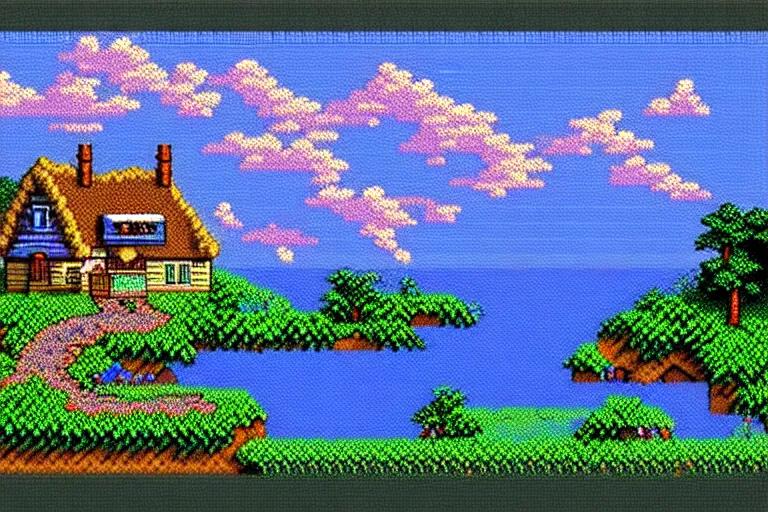 Prompt: view of a cottage above an azure lake, beautiful detailed pixelart by albertov and by pixel jeff in the style of ultima vii, intricate details, beautifully dithered gradients, volumetric lighting, cgsociety, artstation, 2 d