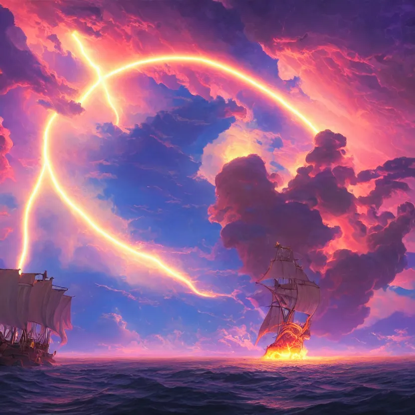 Image similar to treasure planet, clouds, pirate ship!, lava, lightning, beautiful lighting, vivid colors, intricate, elegant, smooth, sharp focus, highly detailed digital painting, concept art, cinematic, unreal engine, 4 k wallpaper, art by syd mead, terada katsuya, atey ghailan, svetlin velinov, cgsociety, artstation trending