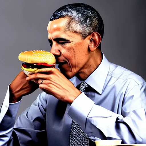 Prompt: Barack Obama eating a cheeseburger, photo realistic, award-winning, highly-detailed, epic, cinematic, dramatic