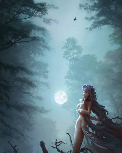 Image similar to attractive fairy goddness fly high in the night, d & d, fantasy, mist, full moon in background, trees, hyper detailed, art by artgerm and greg rutkowski and magali villeneuve, midium shot, 8 k realistic, cryengine, digital painting, trending on artstation, concept art, sharp focus, illustration,