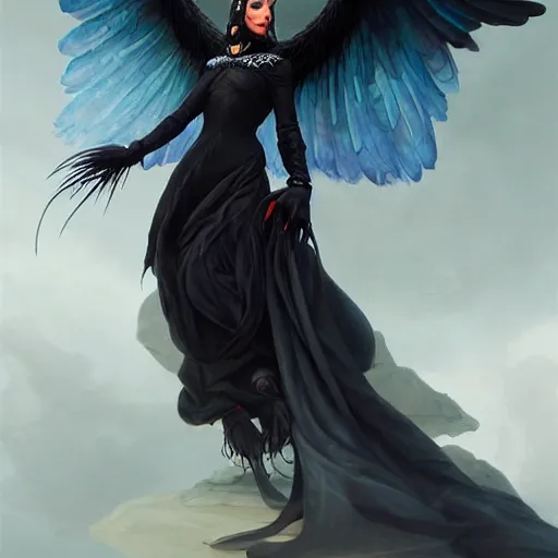 Prompt: character portrait of a modest robed dark raven angel with iridescent black raven wings, by Peter Mohrbacher, Artgerm, Jim Burns, Marina Abramović, Wadim Kashin, trending on Artstation