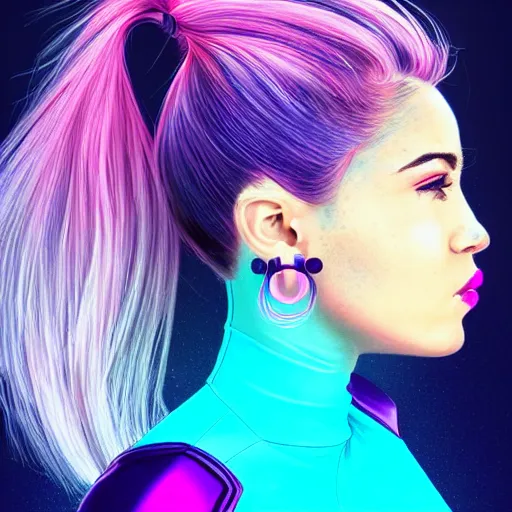 Image similar to a stunning upper body portrait of a beautiful young woman wearing futuristic navy blue and teal battle bodyarmor, ombre purple and pink hairstyle, hair blowing in the wind, hoop earrings, by marvel comics, digital art, trending on artstation