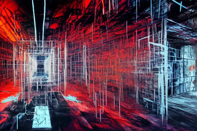 Image similar to the inside of a symmetrical hellish dungeon, multilayer glitch effect in spatial perceptron synapses, matte painting, 4 k, epic composition, volumetric light, abstract illusionism, by robert rauschenberg, konstantinas ciurlionis, jean - michel basquiat, pour paint, modern street art, grunge wall, industrial